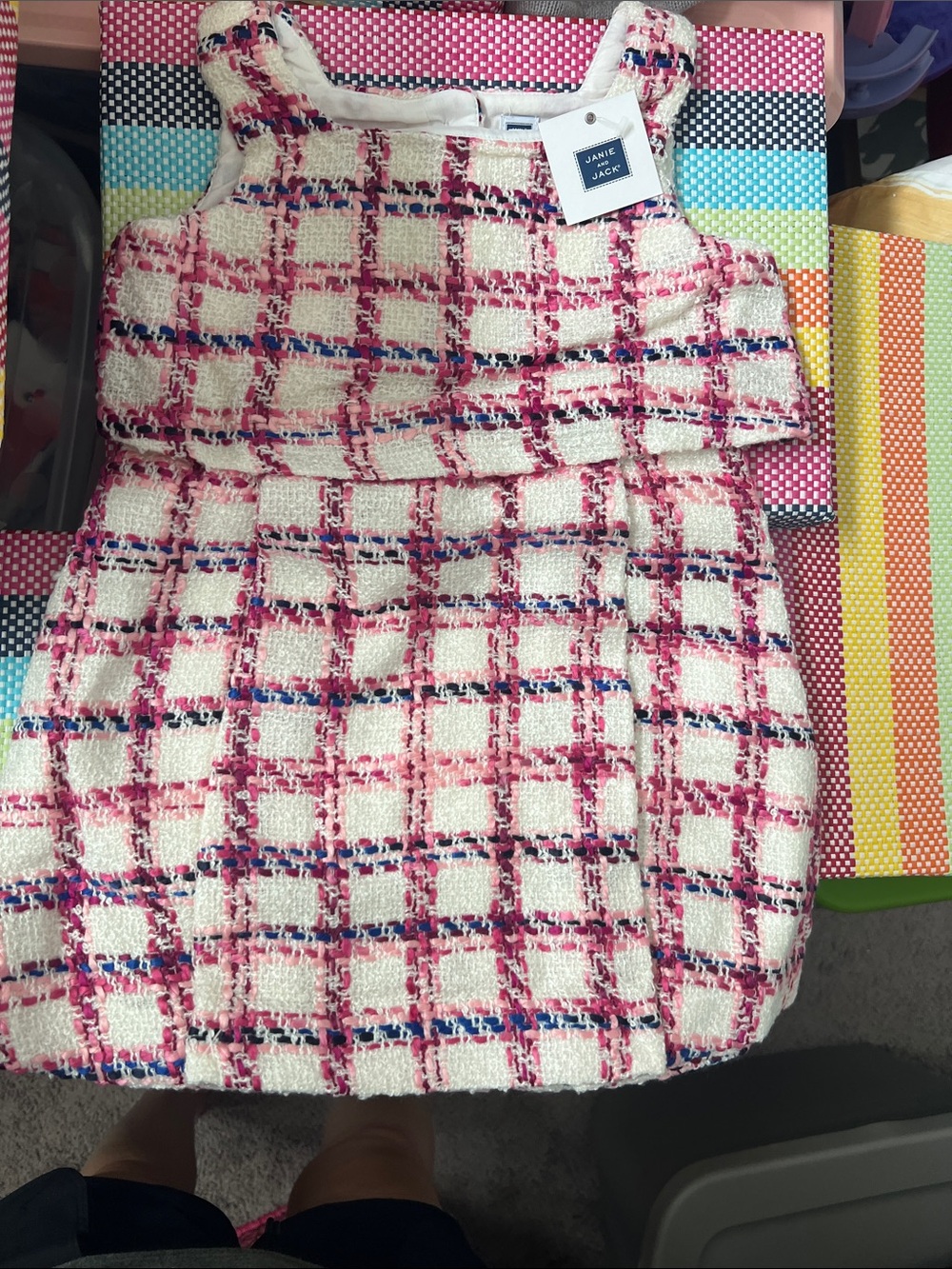 NWT Janie and Jack Pink and Navy Plaid Tweed Shift Dress